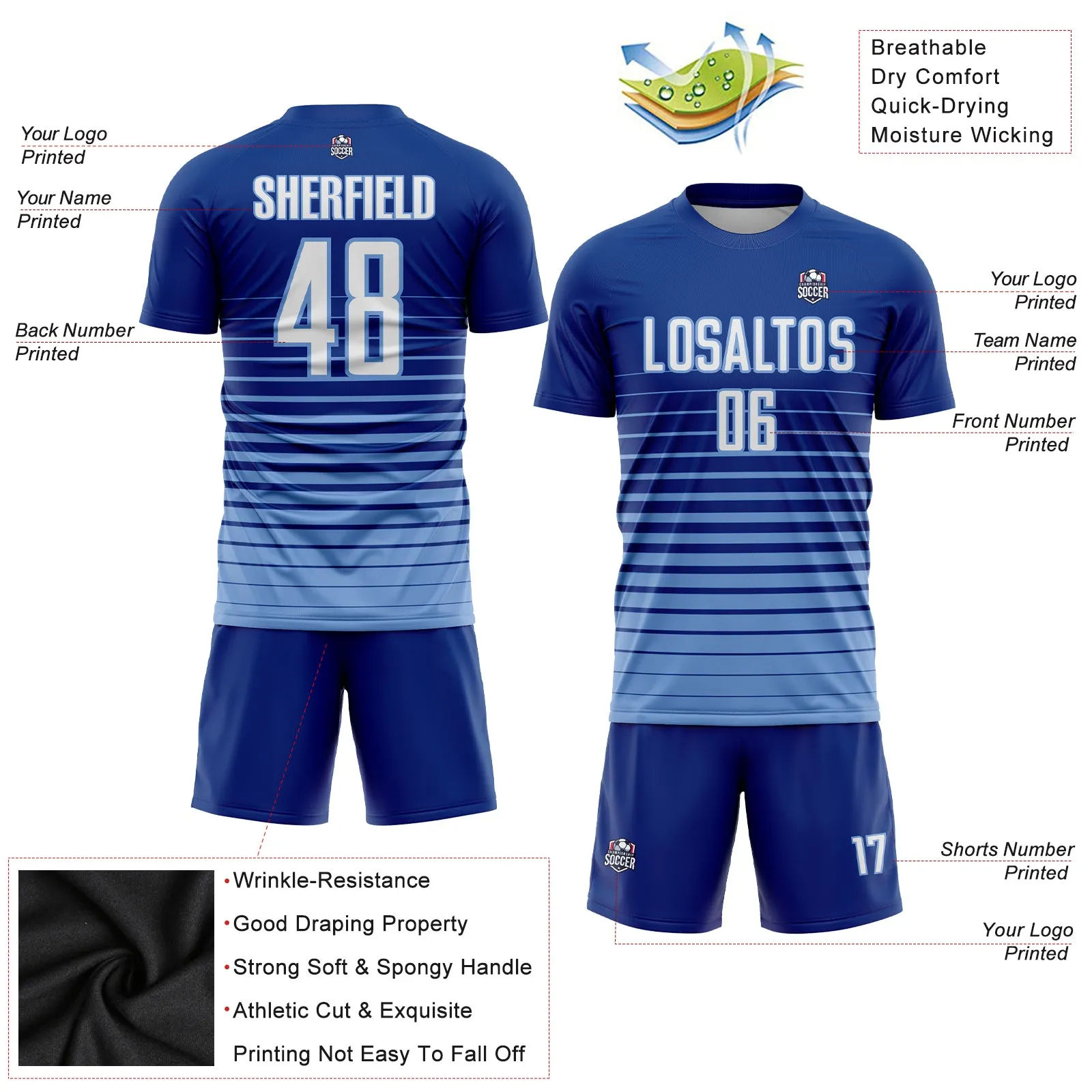 Custom Royal White-Light Blue Pinstripe Fade Fashion Sublimation Soccer Uniform Jersey FansIdea