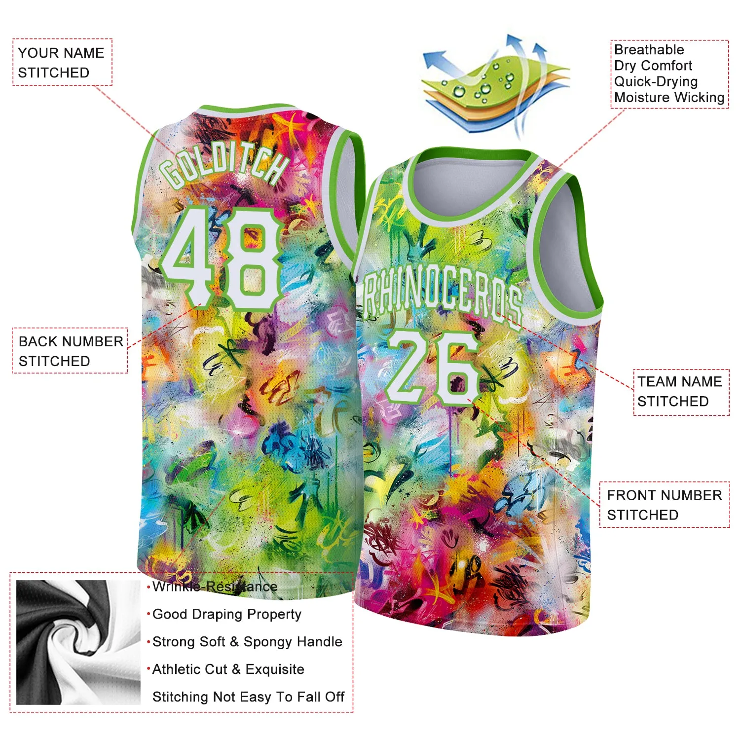 Custom Scratch Graffiti Pattern White-Neon Green 3D Authentic Basketball Jersey FansIdea