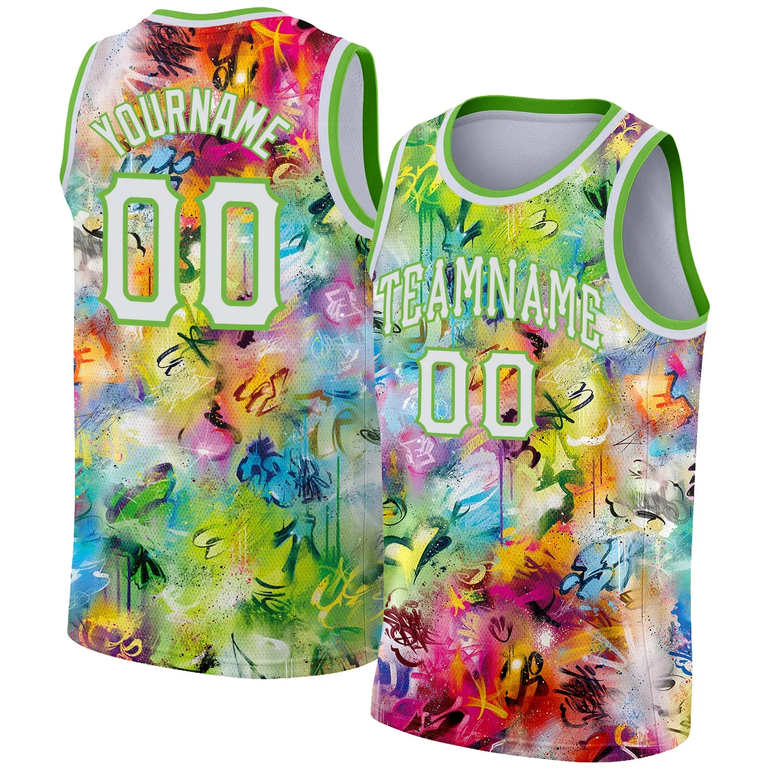 Custom Scratch Graffiti Pattern White-Neon Green 3D Authentic Basketball Jersey FansIdea