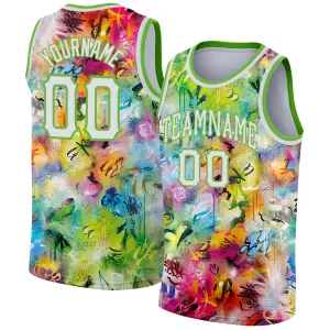 Custom Scratch Graffiti Pattern White-Neon Green 3D Authentic Basketball Jersey FansIdea