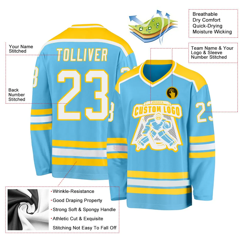Custom Sky Blue White-Gold Hockey Jersey FansIdea