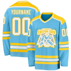 Custom Sky Blue White-Gold Hockey Jersey FansIdea