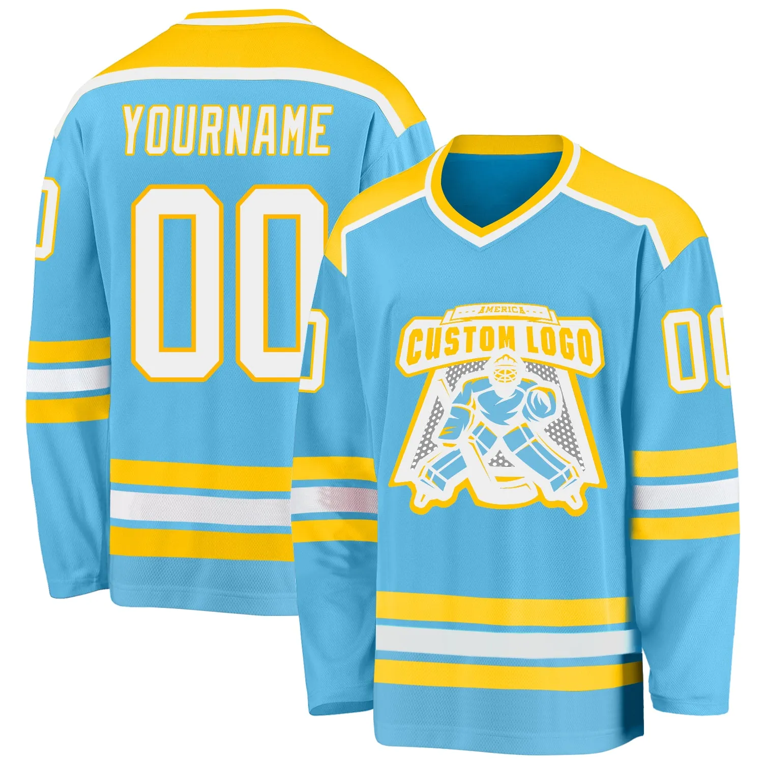 Custom Sky Blue White-Gold Hockey Jersey FansIdea