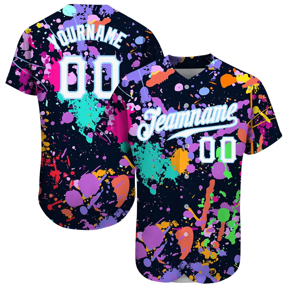 Custom Splashes Graffiti Pattern White-Light Blue 3D Authentic Baseball Jersey FansIdea
