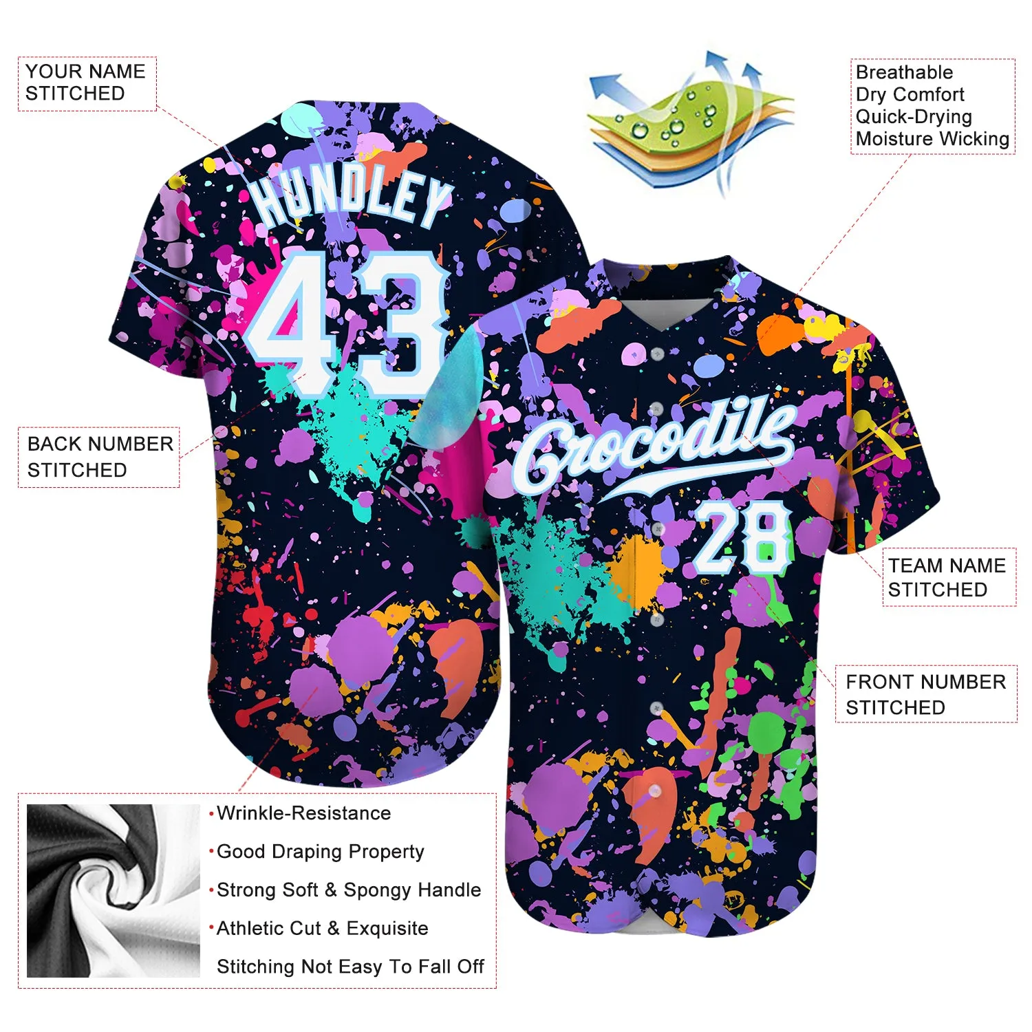 Custom Splashes Graffiti Pattern White-Light Blue 3D Authentic Baseball Jersey FansIdea