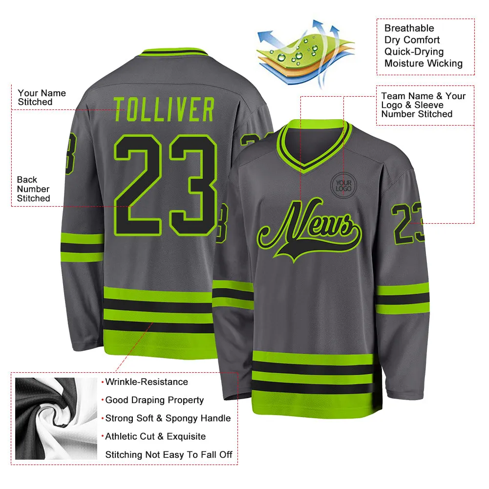 Custom Steel Gray Black-Neon Green Hockey Jersey FansIdea
