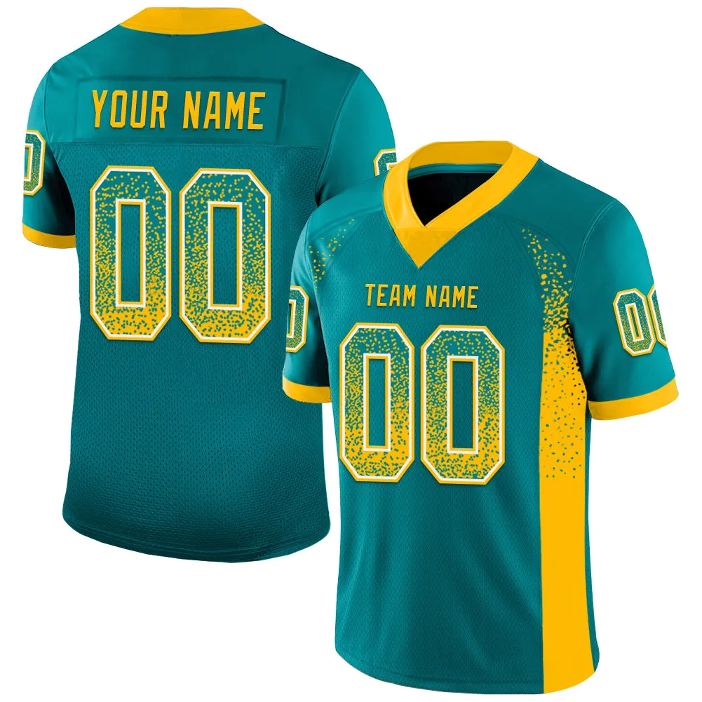 Custom Teal Gold-White Mesh Drift Fashion Football Jersey FansIdea