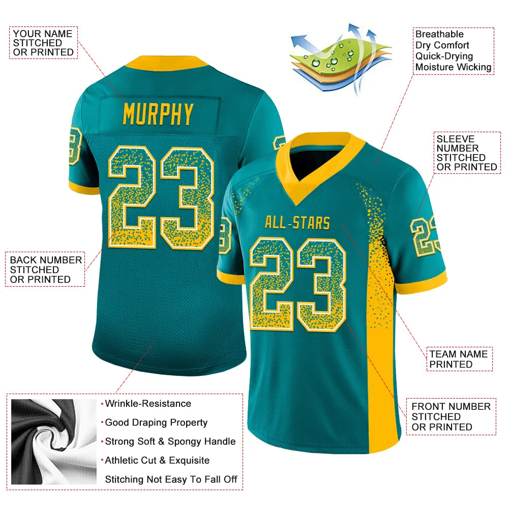 Custom Teal Gold-White Mesh Drift Fashion Football Jersey FansIdea