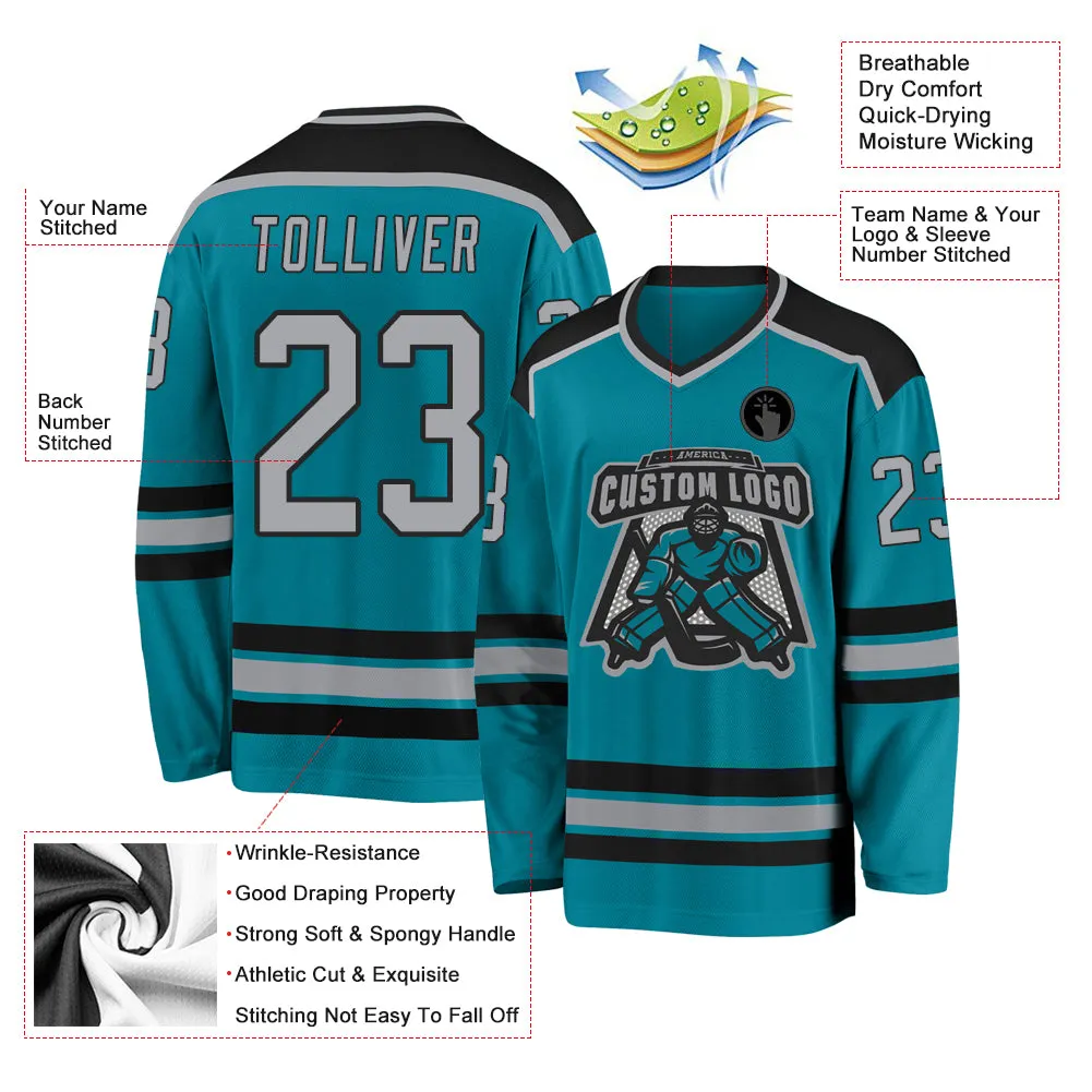Custom Teal Gray-Black Hockey Jersey FansIdea