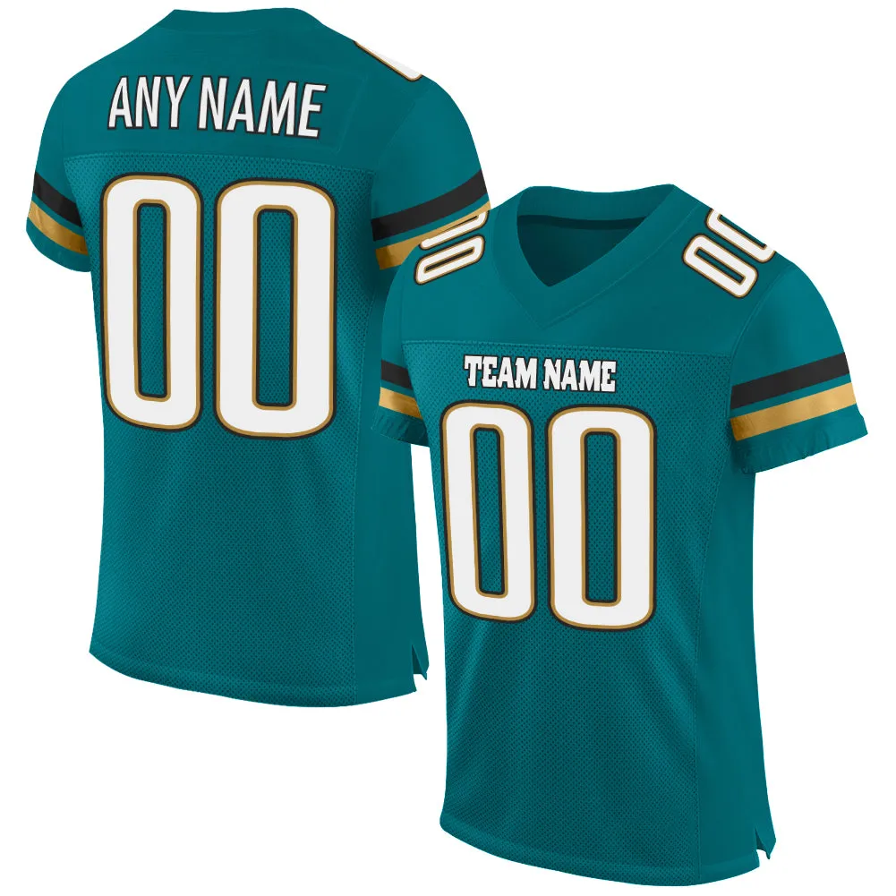 Custom Teal White-Old Gold Mesh Authentic Football Jersey FansIdea