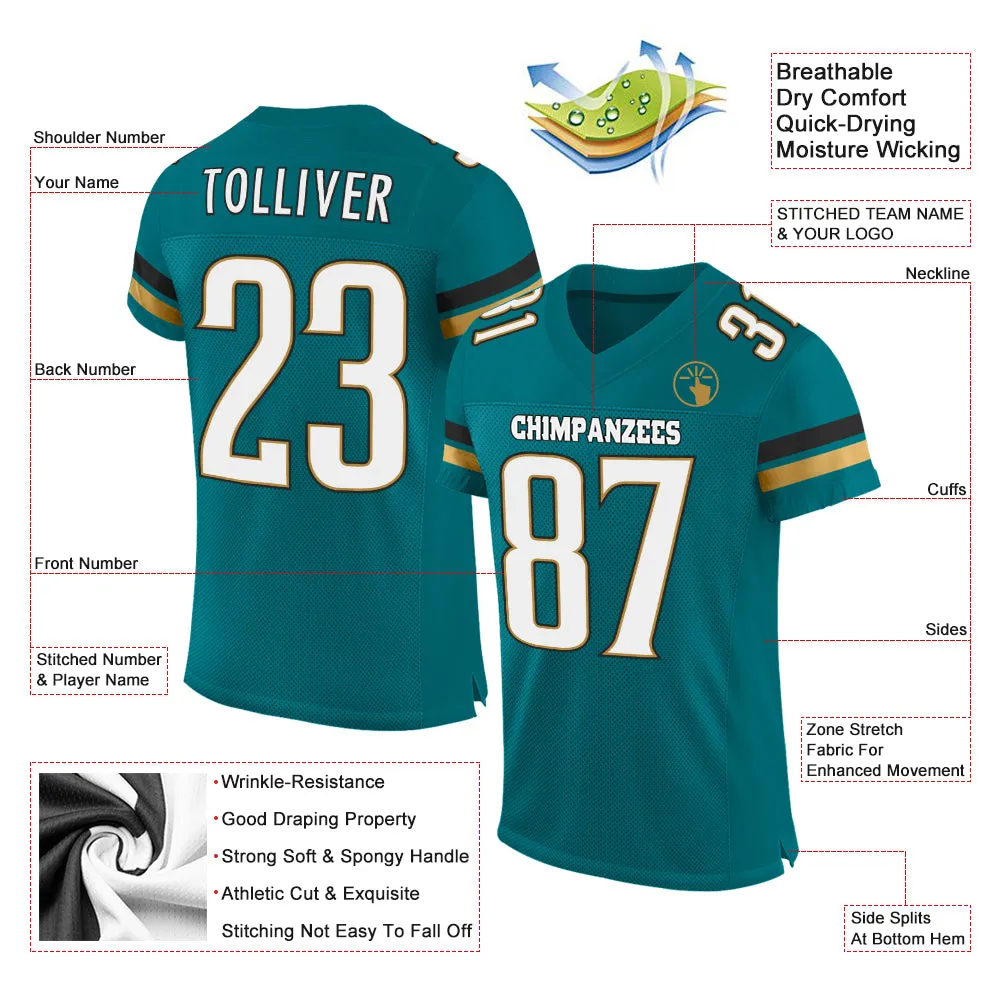 Custom Teal White-Old Gold Mesh Authentic Football Jersey FansIdea