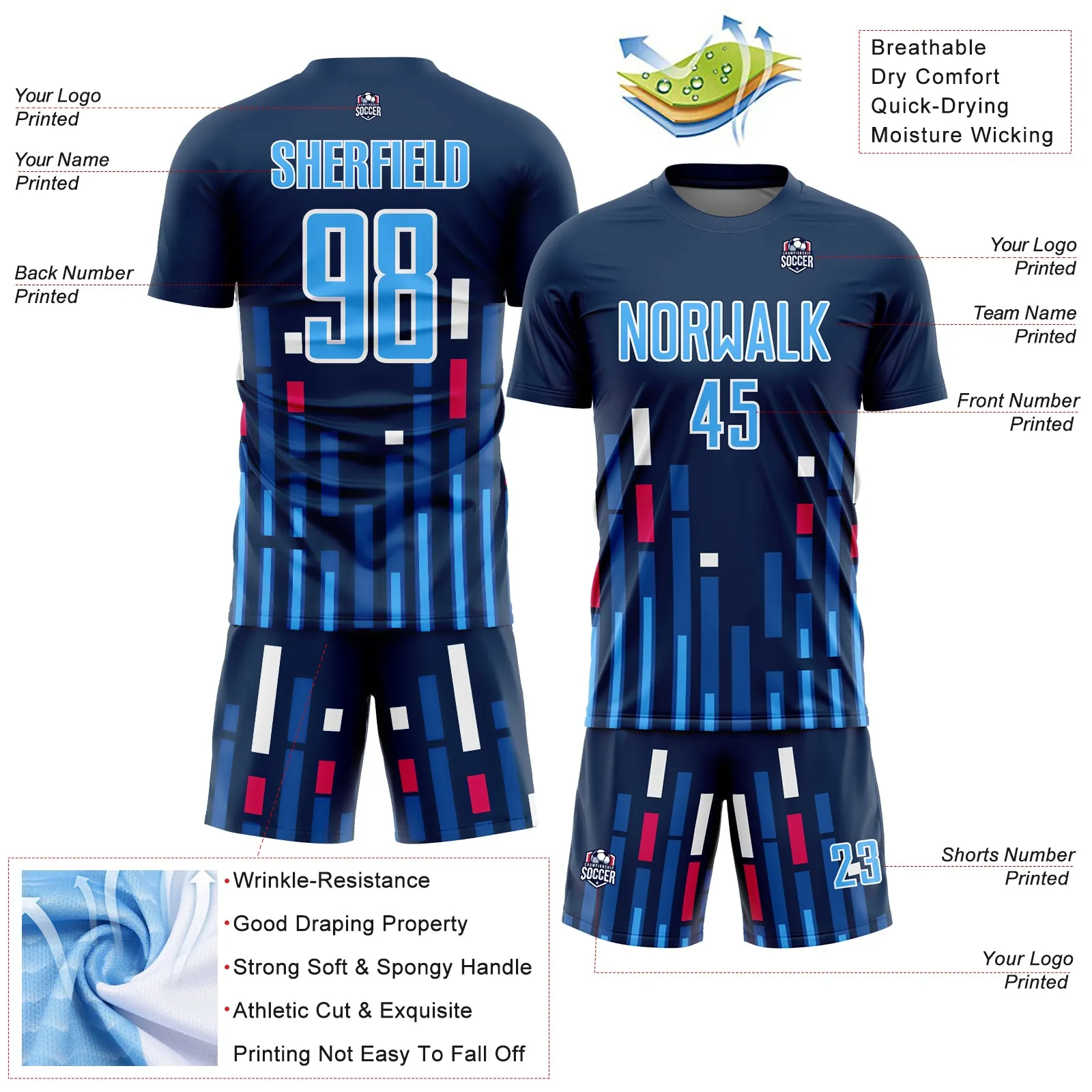 Custom US Navy Blue Sky Blue-White Lines Sublimation Soccer Uniform Jersey FansIdea