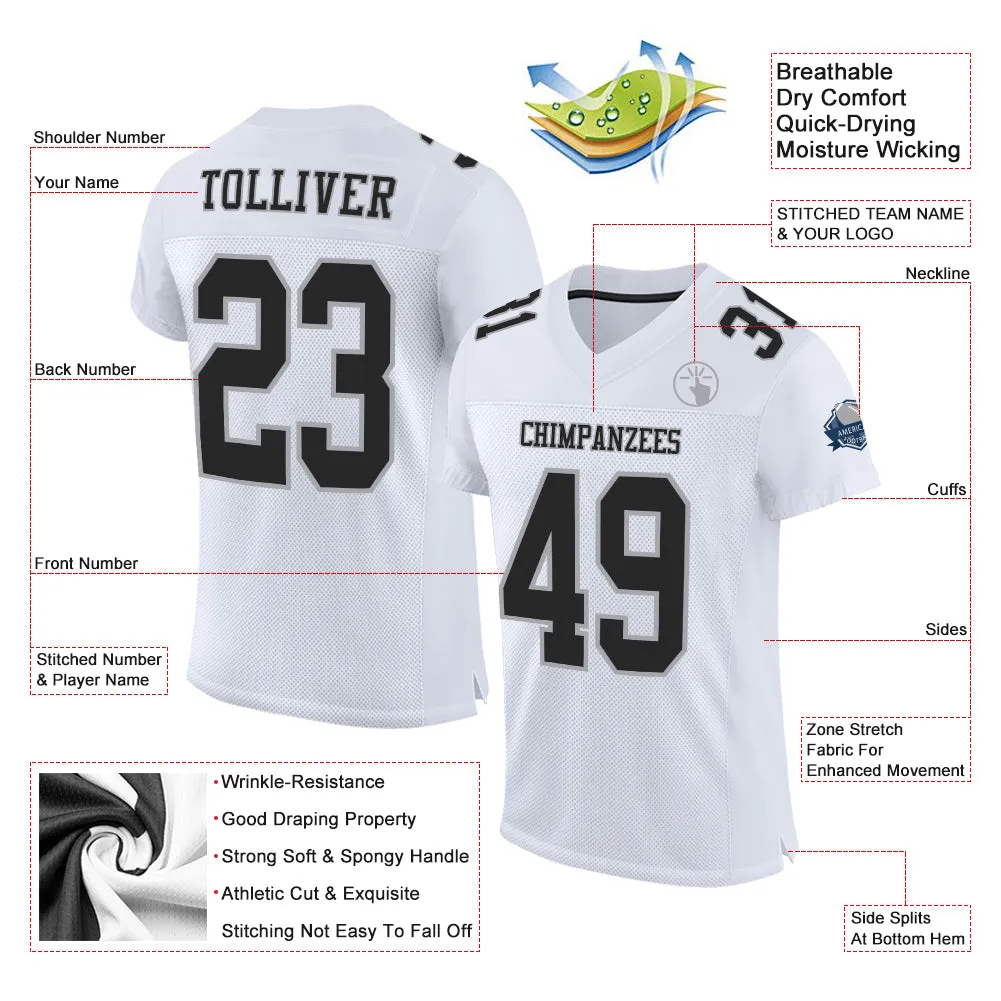 Custom White Black-Gray Mesh Authentic Football Jersey FansIdea