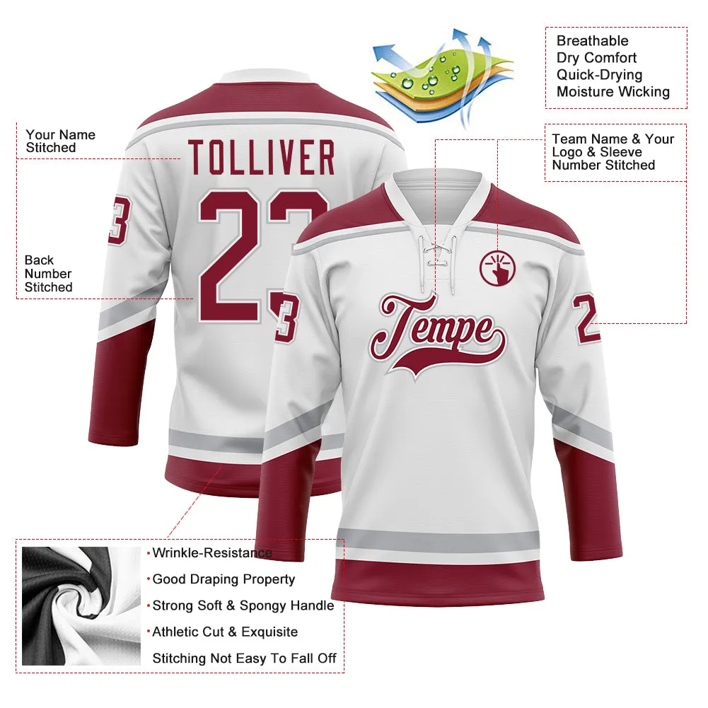 Custom White Crimson-Gray Hockey Lace Neck Jersey FansIdea