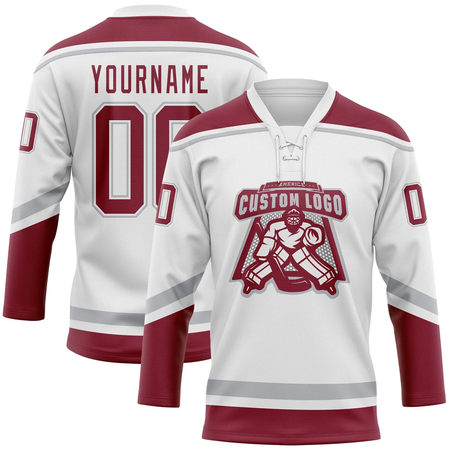 Custom White Crimson-Gray Hockey Lace Neck Jersey FansIdea