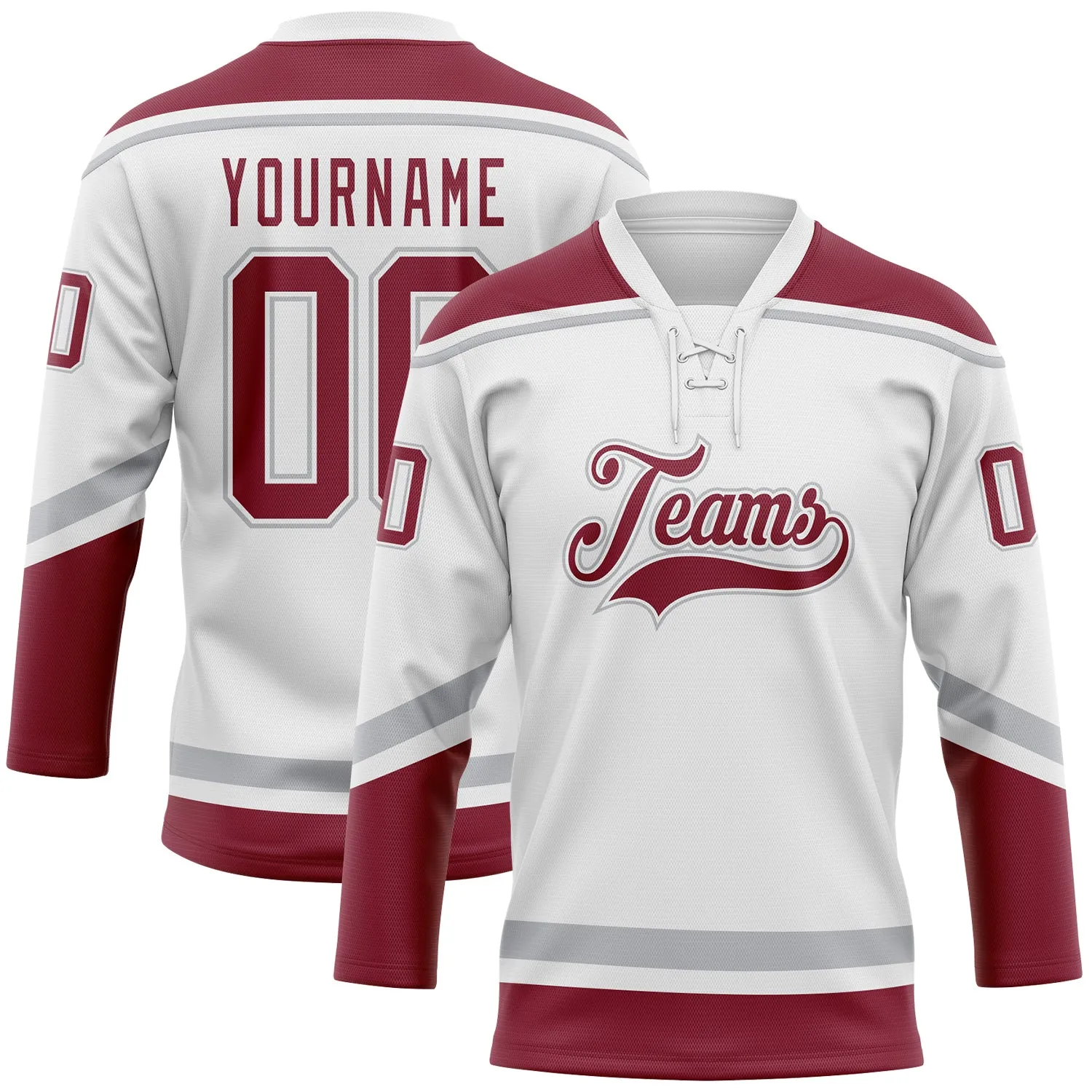 Custom White Crimson-Gray Hockey Lace Neck Jersey FansIdea
