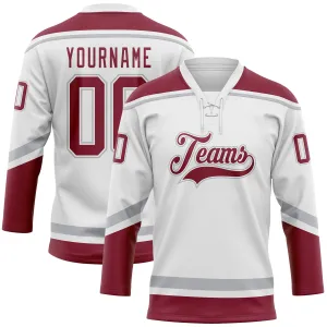 Custom White Crimson-Gray Hockey Lace Neck Jersey FansIdea