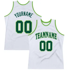 Custom White Hunter Green-Neon Green Authentic Throwback Basketball Jersey FansIdea