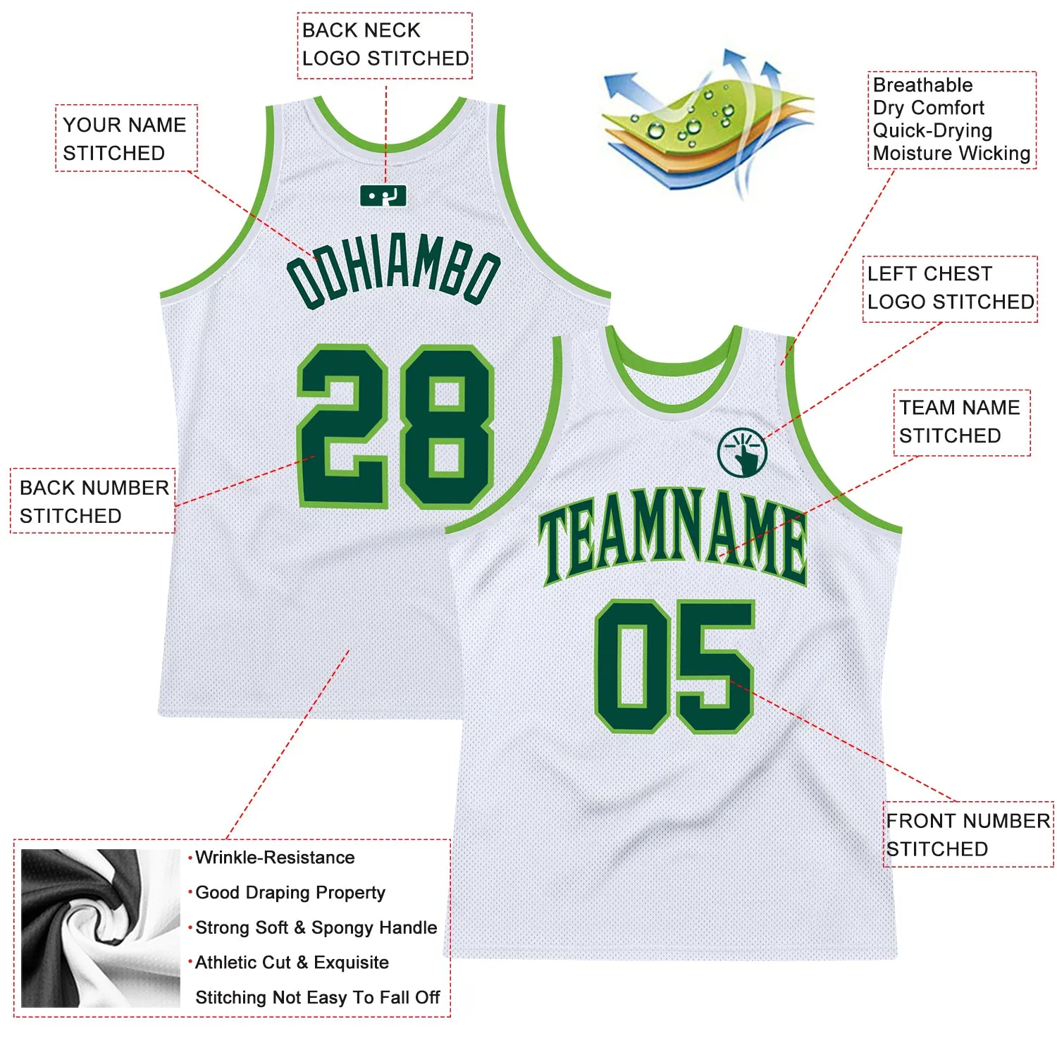 Custom White Hunter Green-Neon Green Authentic Throwback Basketball Jersey FansIdea