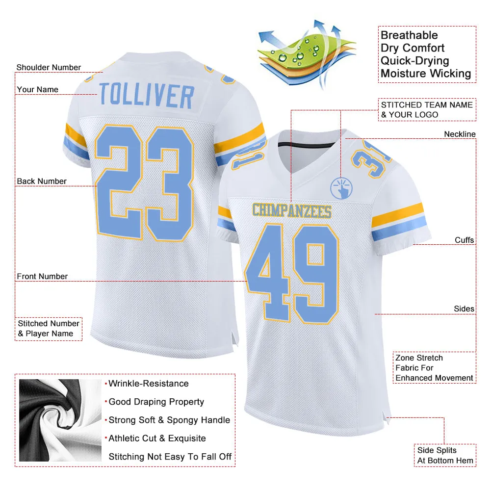Custom White Light Blue-Gold Mesh Authentic Football Jersey FansIdea