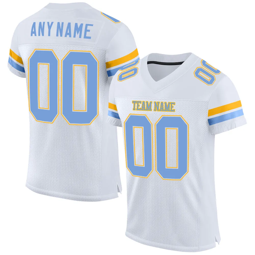 Custom White Light Blue-Gold Mesh Authentic Football Jersey FansIdea