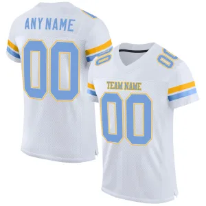 Custom White Light Blue-Gold Mesh Authentic Football Jersey FansIdea