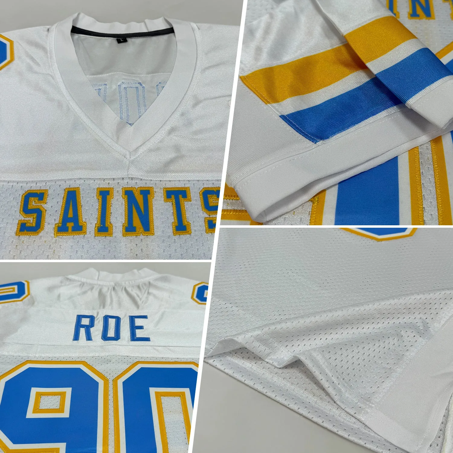 Custom White Light Blue-Gold Mesh Authentic Football Jersey FansIdea