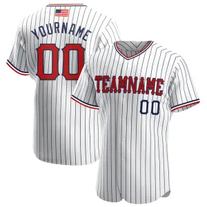 Custom White Navy Pinstripe Red-Navy Authentic American Flag Fashion Baseball Jersey FansIdea