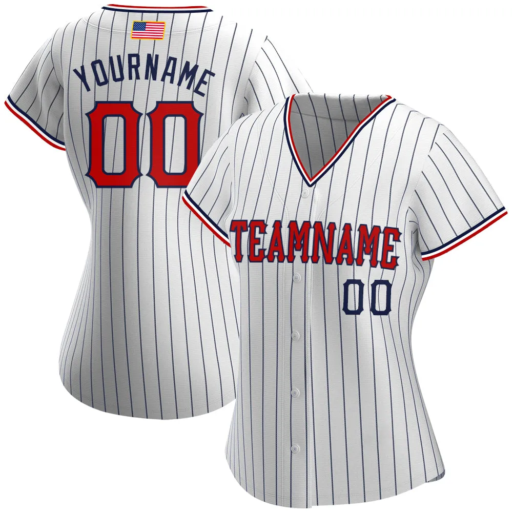 Custom White Navy Pinstripe Red-Navy Authentic American Flag Fashion Baseball Jersey FansIdea
