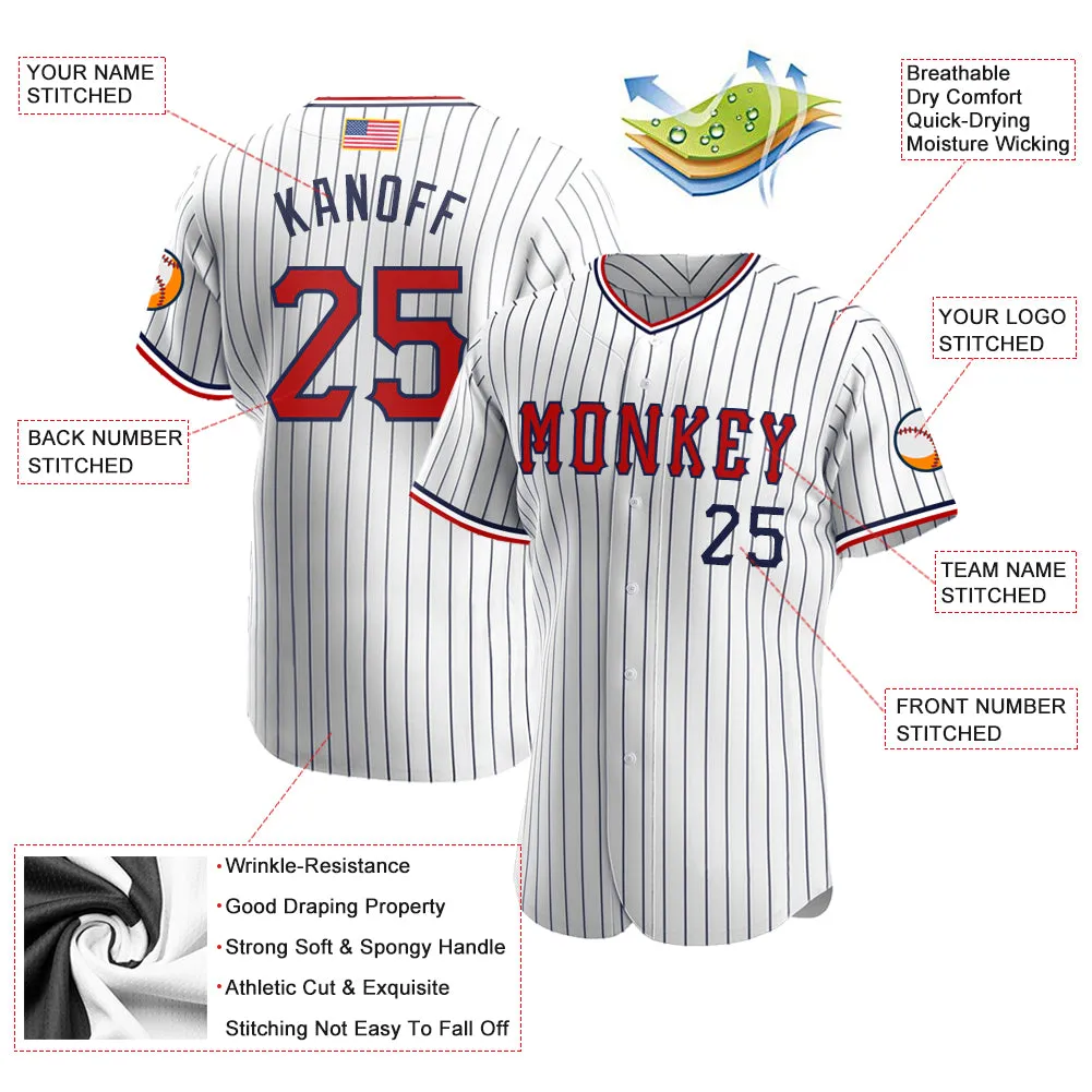 Custom White Navy Pinstripe Red-Navy Authentic American Flag Fashion Baseball Jersey FansIdea