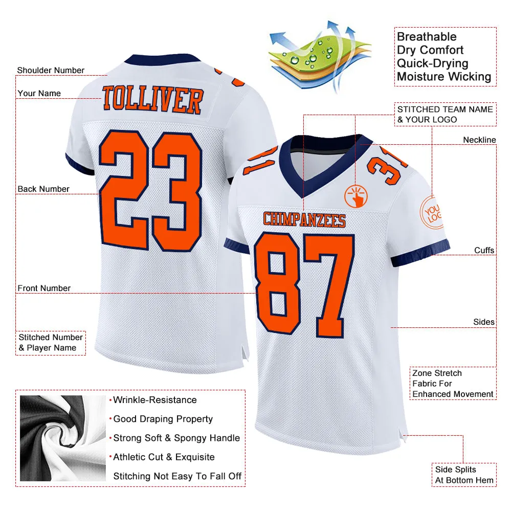 Custom White Orange-Navy Mesh Authentic Football Jersey FansIdea