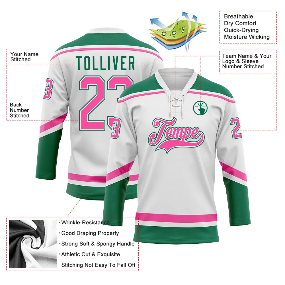 Custom White Pink-Kelly Green Hockey Lace Neck Jersey FansIdea