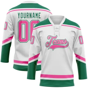 Custom White Pink-Kelly Green Hockey Lace Neck Jersey FansIdea