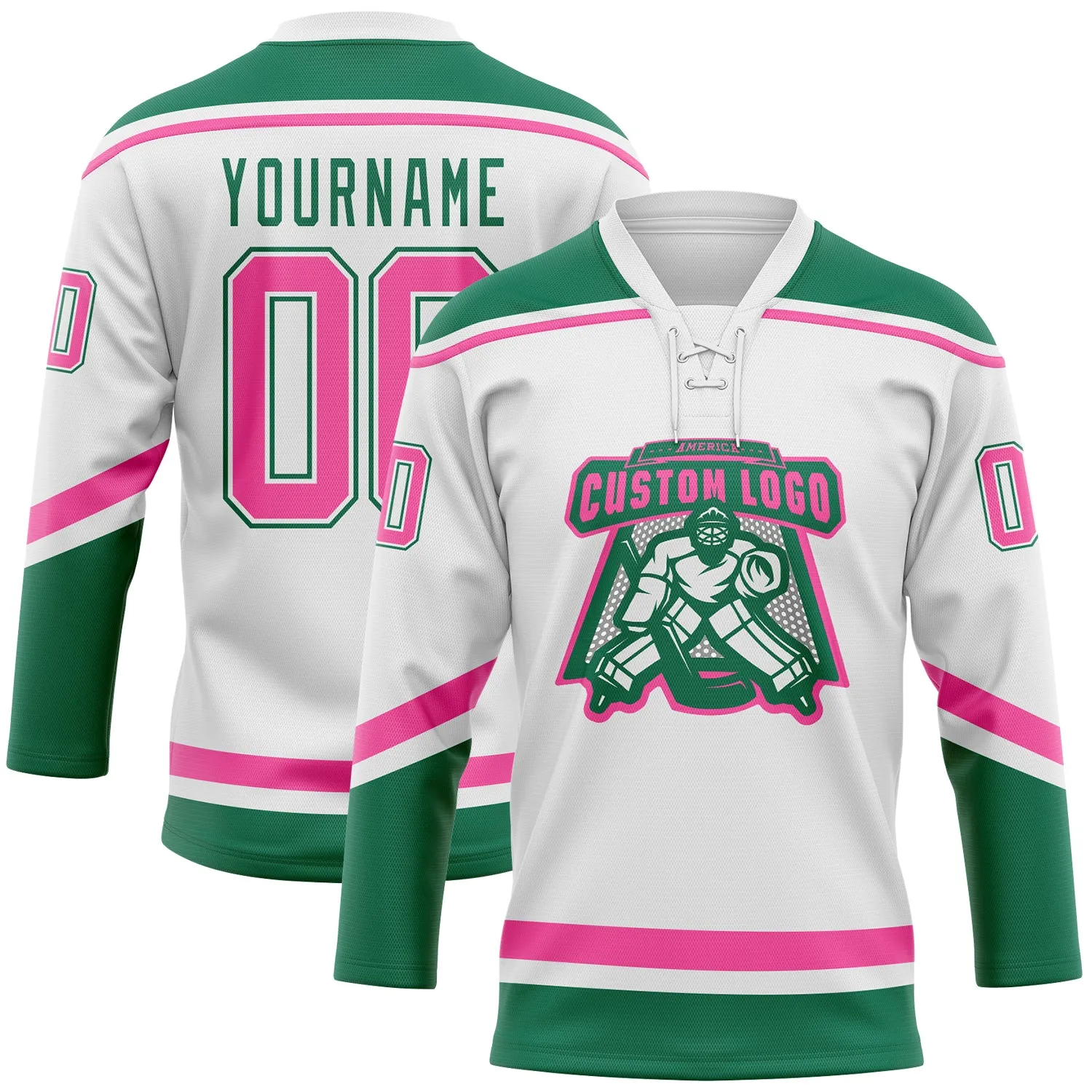 Custom White Pink-Kelly Green Hockey Lace Neck Jersey FansIdea