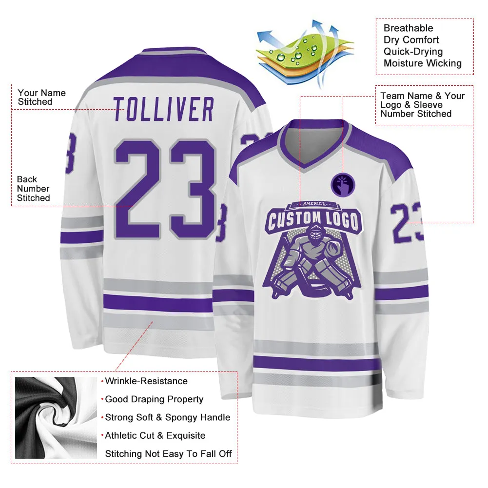 Custom White Purple-Gray Hockey Jersey FansIdea