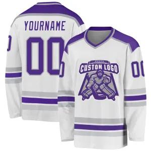 Custom White Purple-Gray Hockey Jersey FansIdea