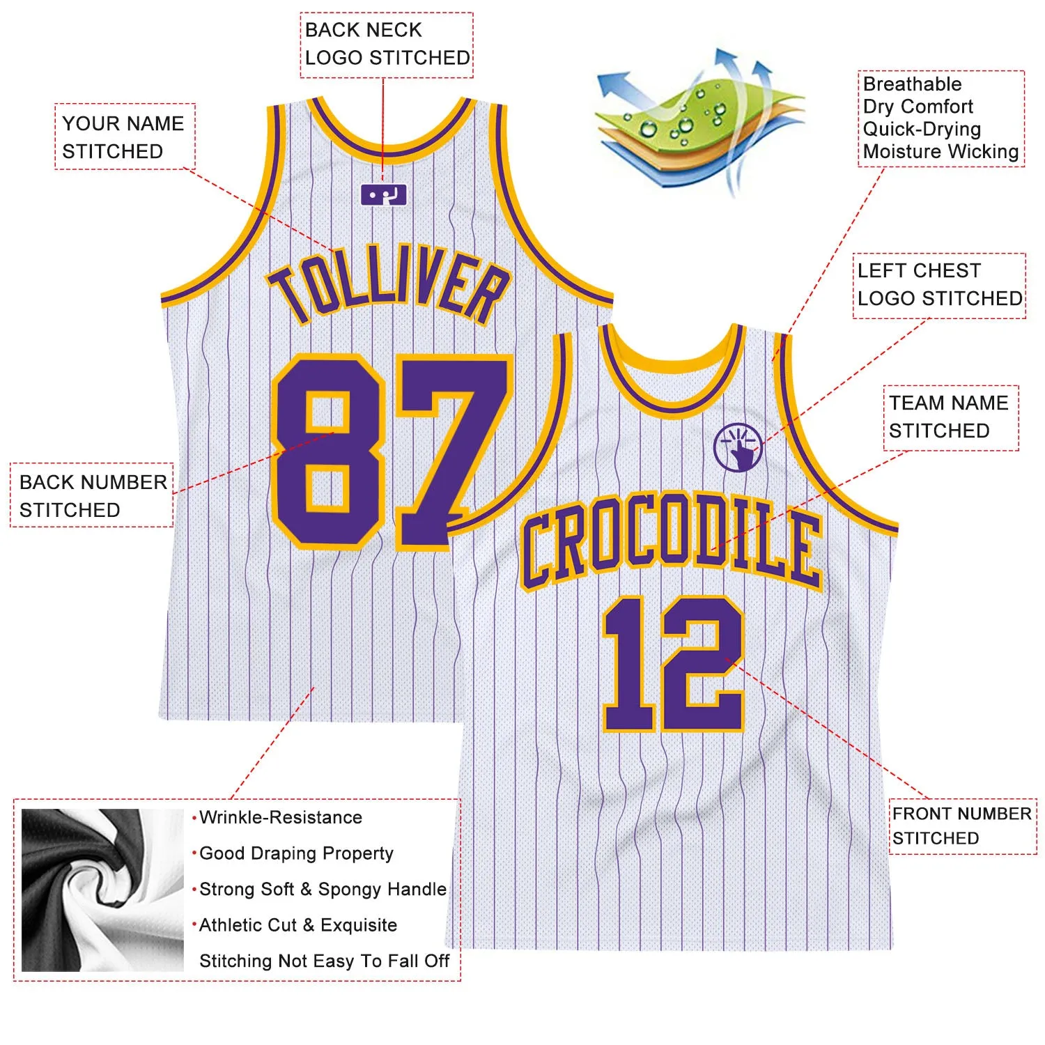 Custom White Purple Pinstripe Purple-Gold Authentic Basketball Jersey FansIdea