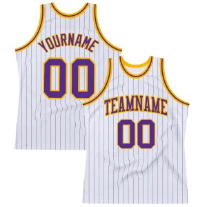 Custom White Purple Pinstripe Purple-Gold Authentic Basketball Jersey FansIdea