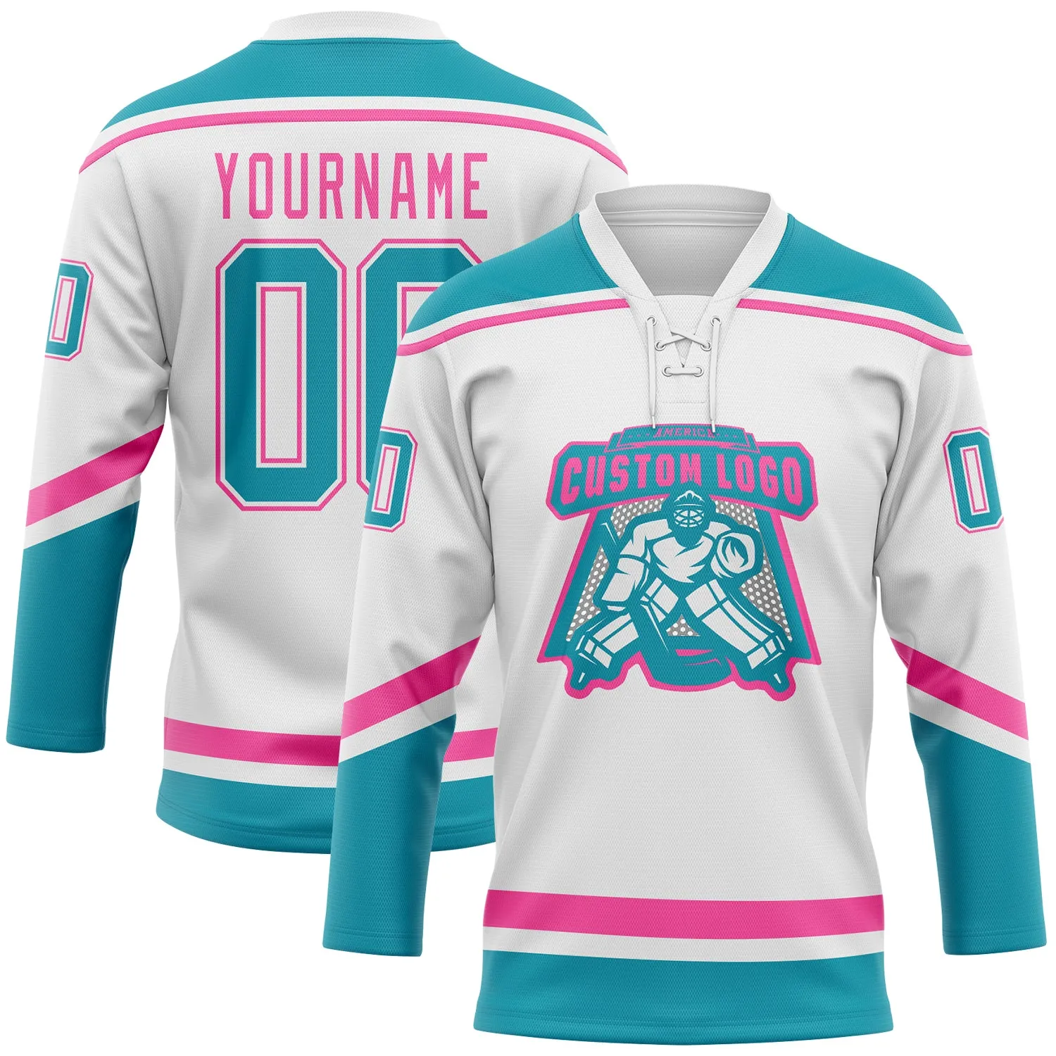 Custom White Teal-Pink Hockey Lace Neck Jersey FansIdea