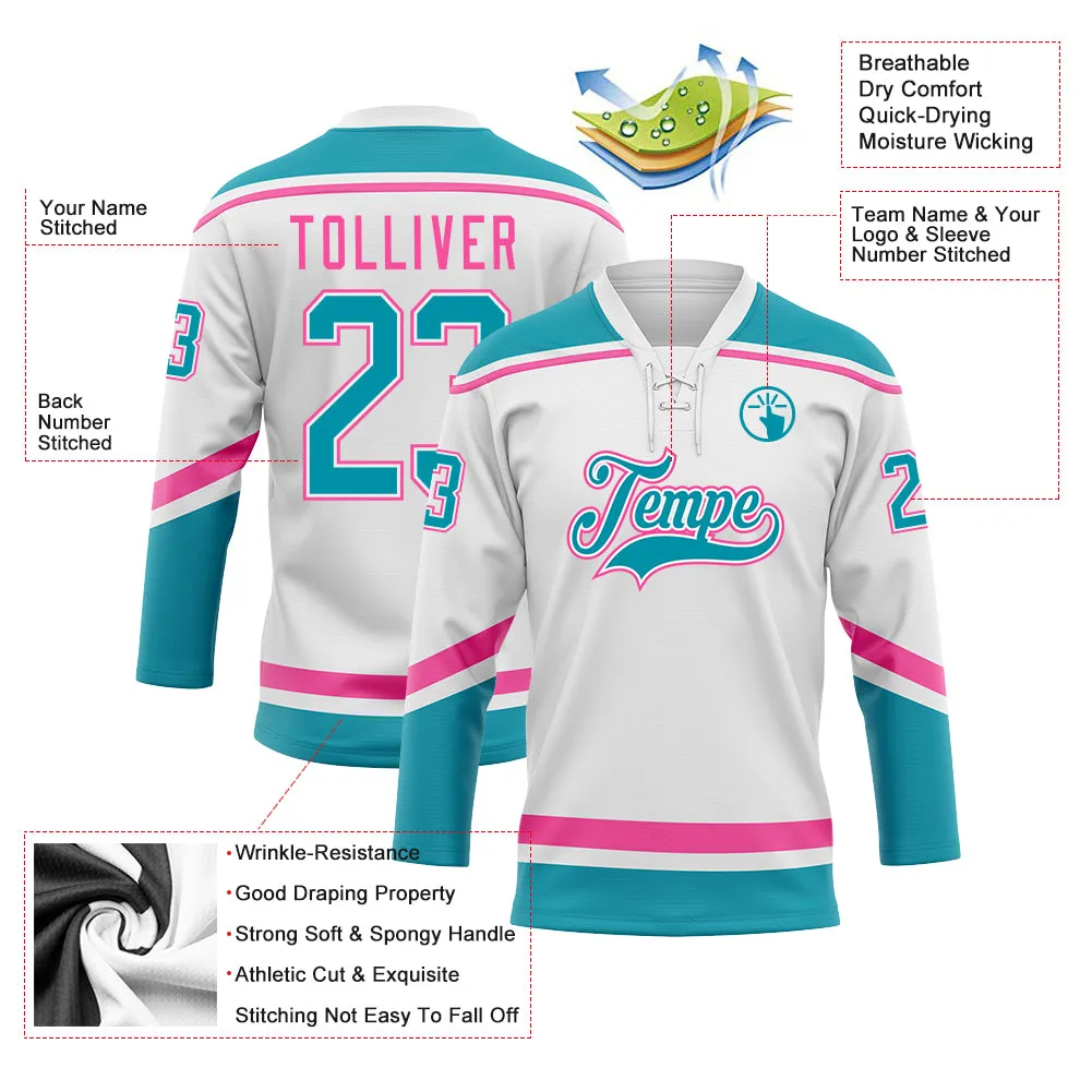 Custom White Teal-Pink Hockey Lace Neck Jersey FansIdea