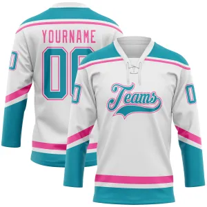 Custom White Teal-Pink Hockey Lace Neck Jersey FansIdea