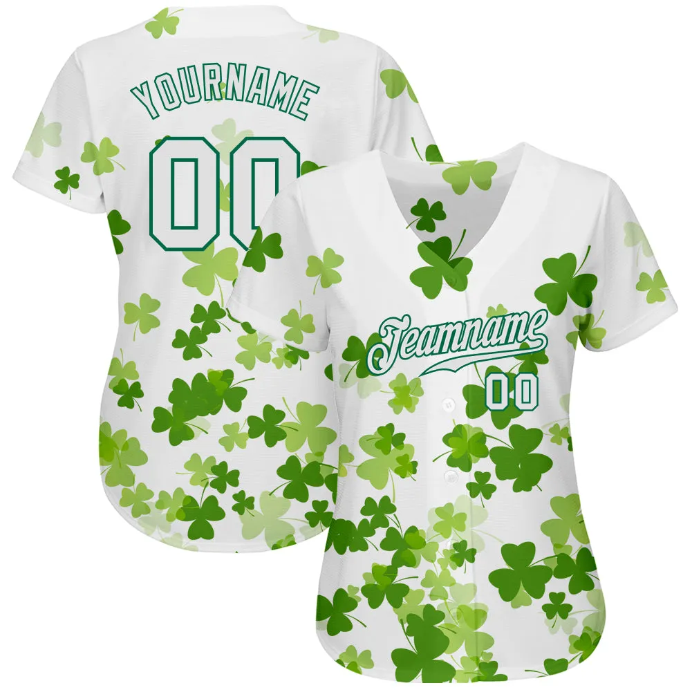 Custom White White-Kelly Green 3D Pattern Design Authentic St. Patrick's Day Baseball Jersey FansIdea