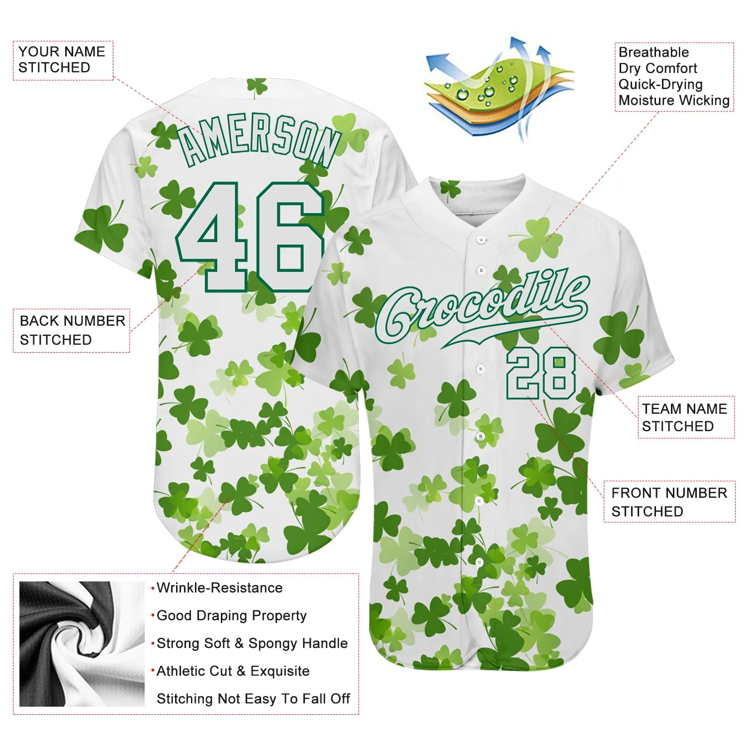 Custom White White-Kelly Green 3D Pattern Design Authentic St. Patrick's Day Baseball Jersey FansIdea