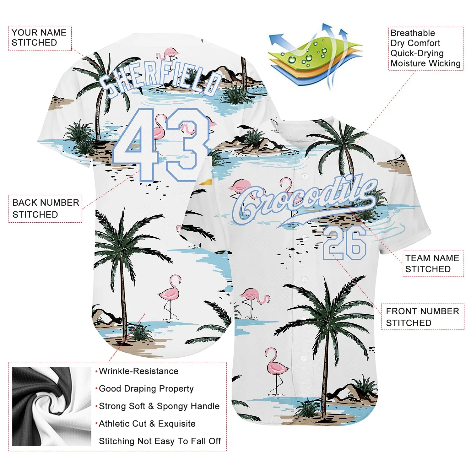 Custom White White-Light Blue 3D Pattern Design Hawaii Palm Trees Authentic Baseball Jersey FansIdea