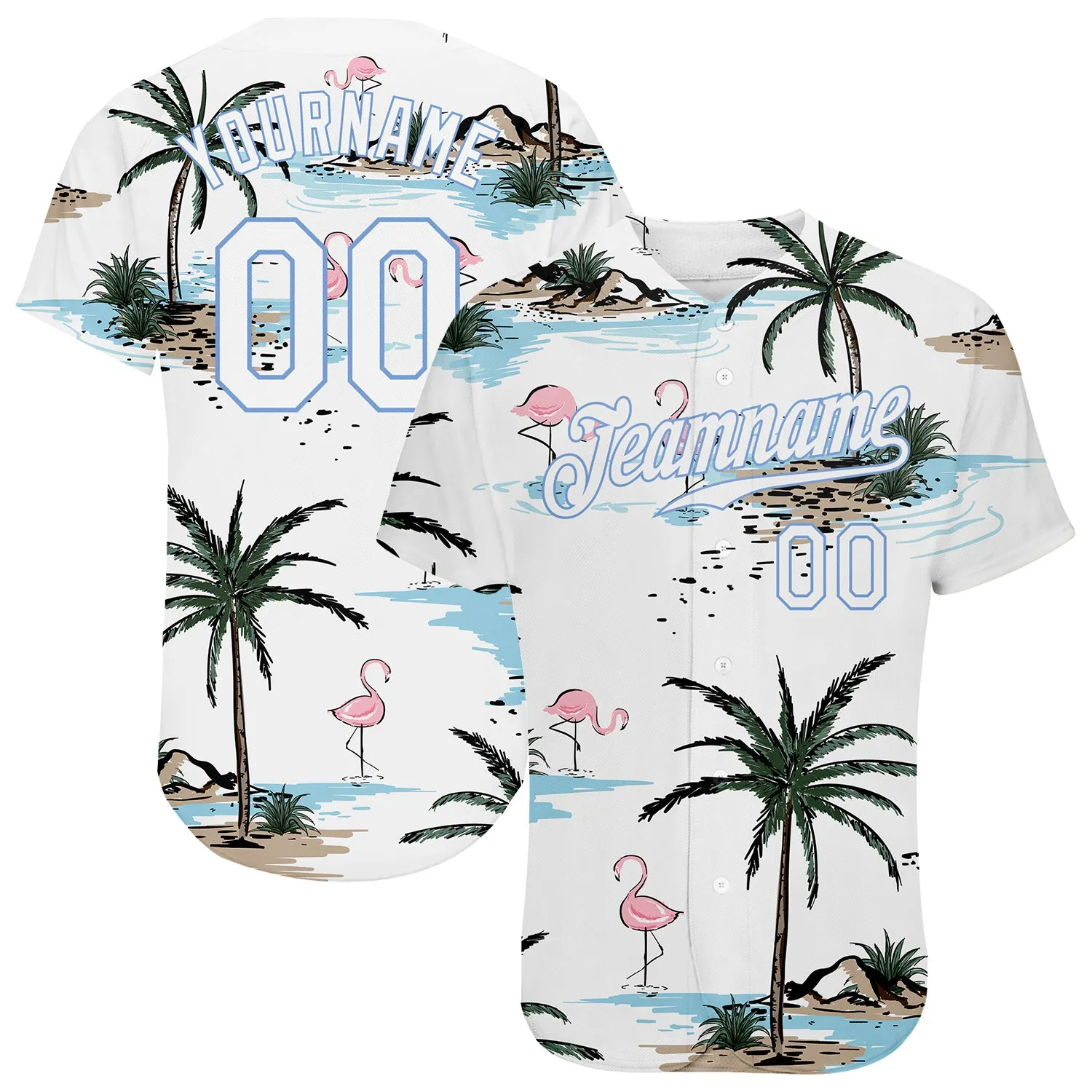 Custom White White-Light Blue 3D Pattern Design Hawaii Palm Trees Authentic Baseball Jersey FansIdea