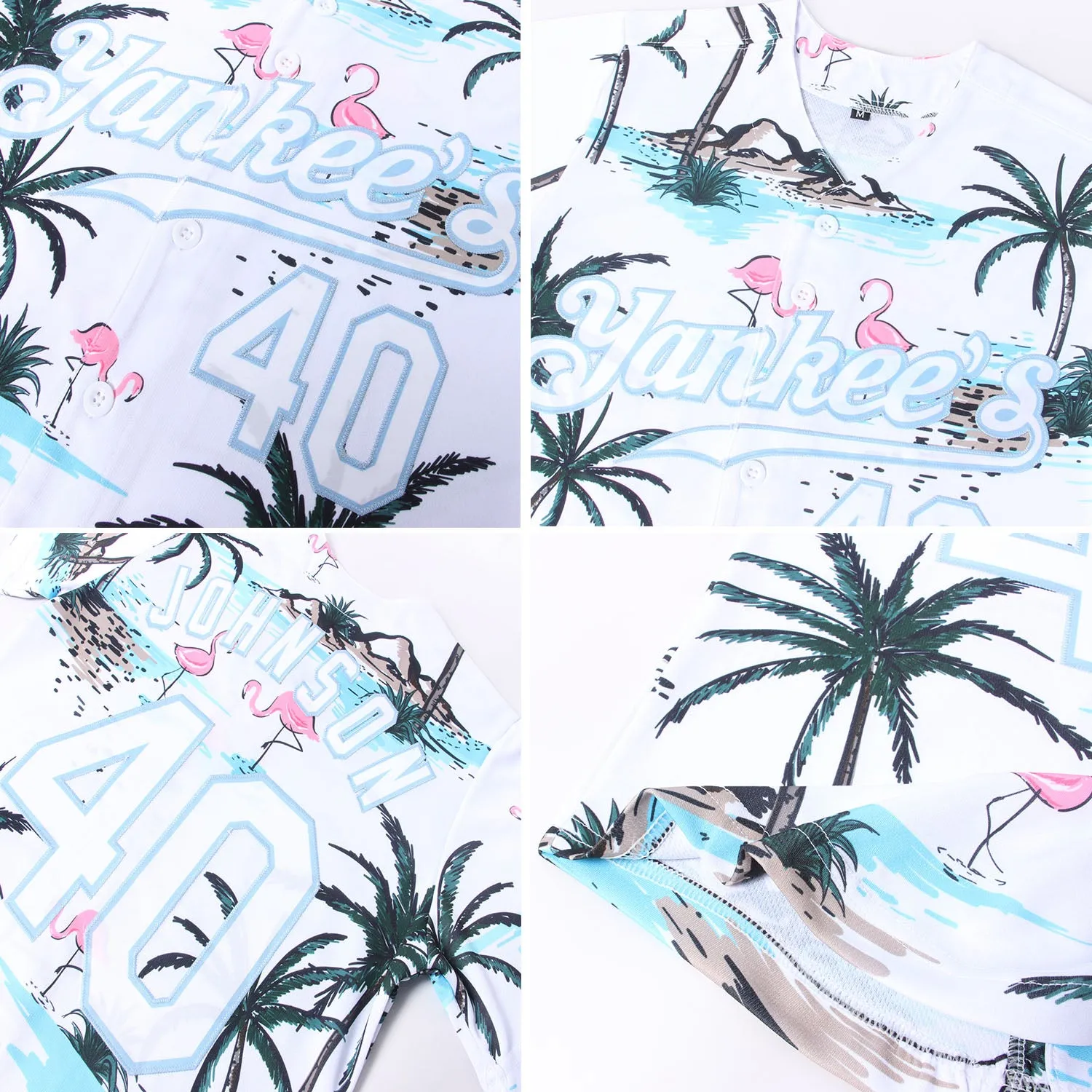 Custom White White-Light Blue 3D Pattern Design Hawaii Palm Trees Authentic Baseball Jersey FansIdea