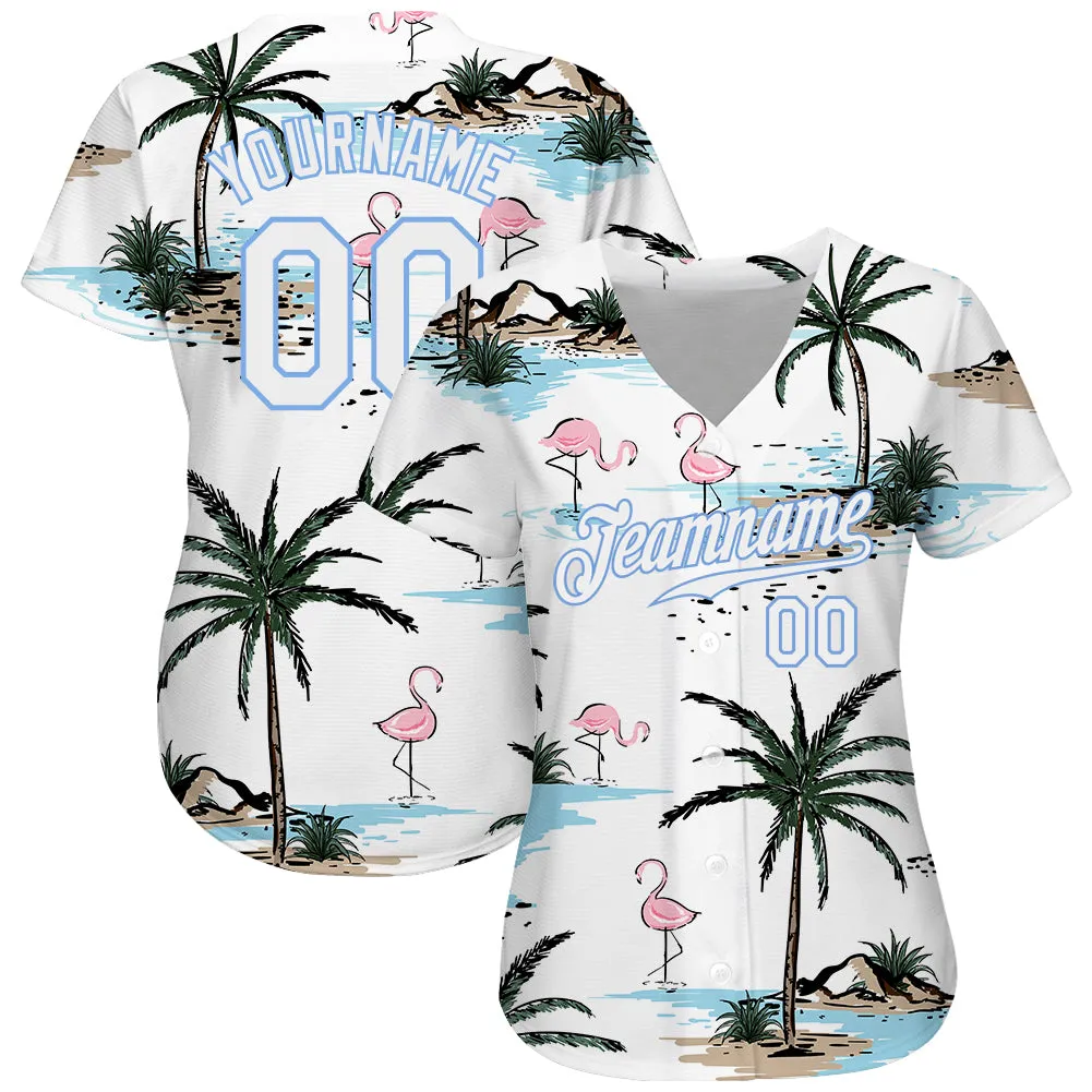 Custom White White-Light Blue 3D Pattern Design Hawaii Palm Trees Authentic Baseball Jersey FansIdea