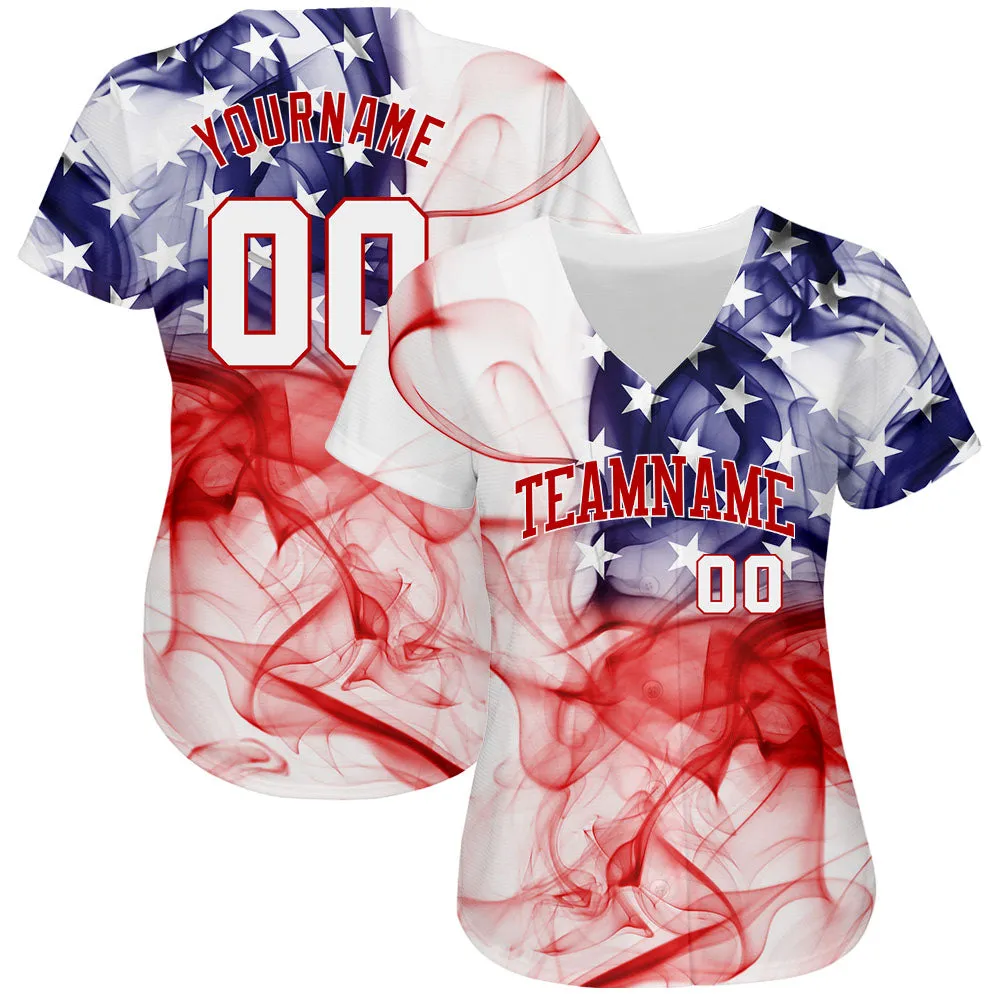 Custom White White-Red 3D American Flag Authentic Baseball Jersey FansIdea
