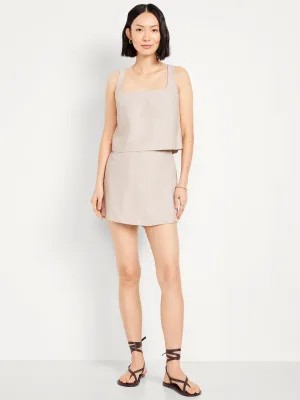 High-Waisted Faux-Wrap Linen-Blend Mini Skort