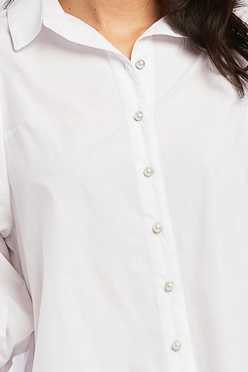 Hot Deal Teegan 3/4 Puff Sleeve Pearl Button Down Top Shirred Shoulder Top  Today Only!
